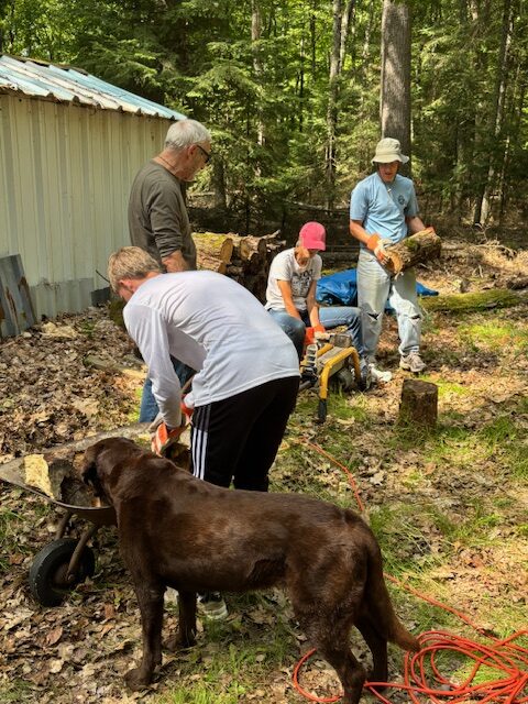 family members cutting wood