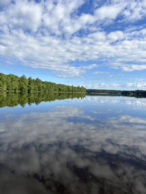 photo of lake reflecting the sky and clouds